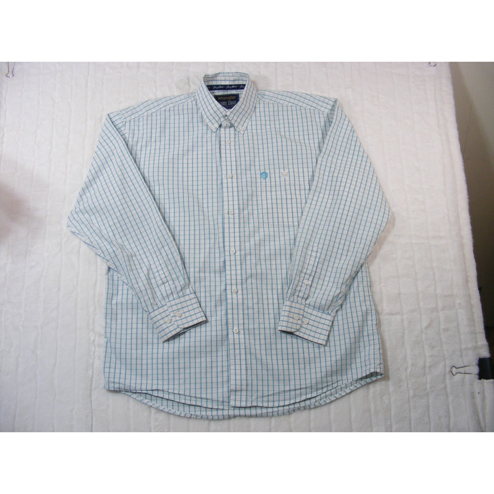 Wrangler George Strait Shirt Mens Large White Blue Plaid Excellent Western L/S